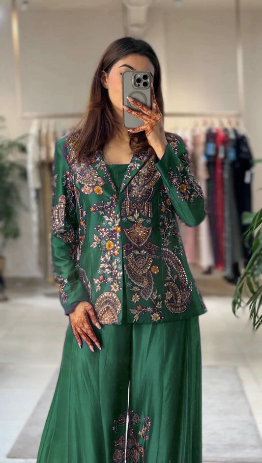 PERFECT FOR PARTY AND WEDDING OUR DESIGNER WEAR 3 PIECE PLAZZO PAIR WITH SEQUENCE EMBROIDERY WORK❤️