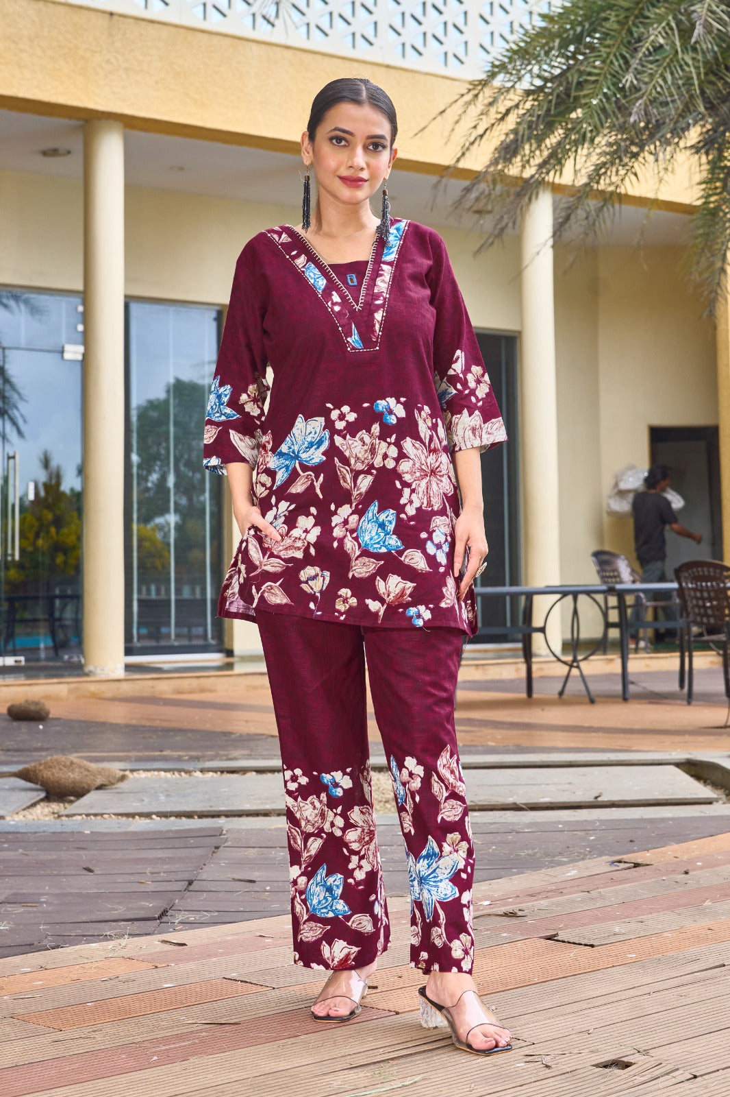 Chic Slub-Textured Floral Placement Print Co-ord Set with V-Neckline