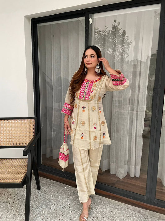 _✨ EXCLUSIVE AND TRENDY CO-ORD SET FOR WEDDING SEASON WITH MIRROR AND SEQUENCE EMBROIDERED TOP AND PLAZZO✨_
