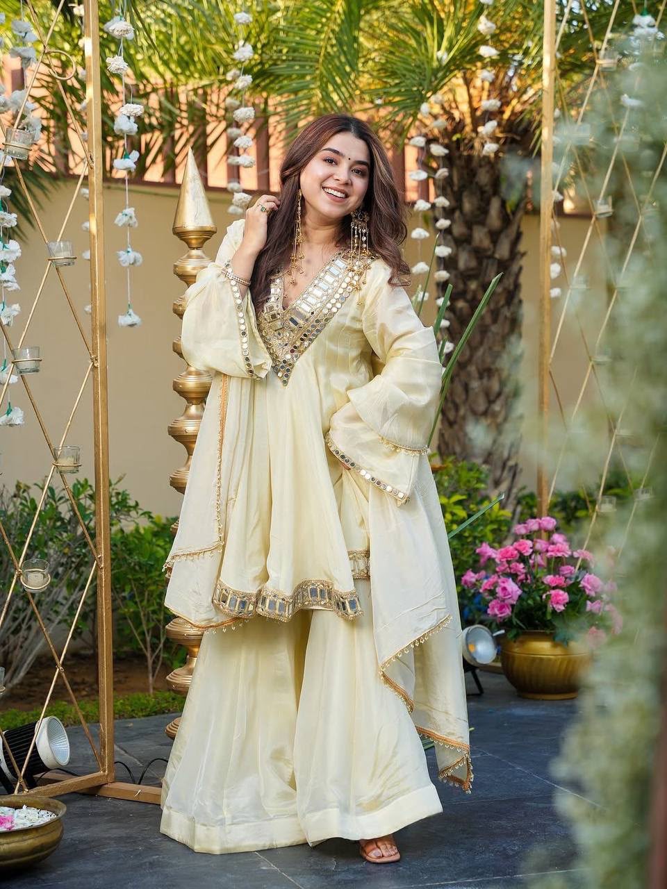 Ivory Yellow Mirror-Work Festive Sharara Suit