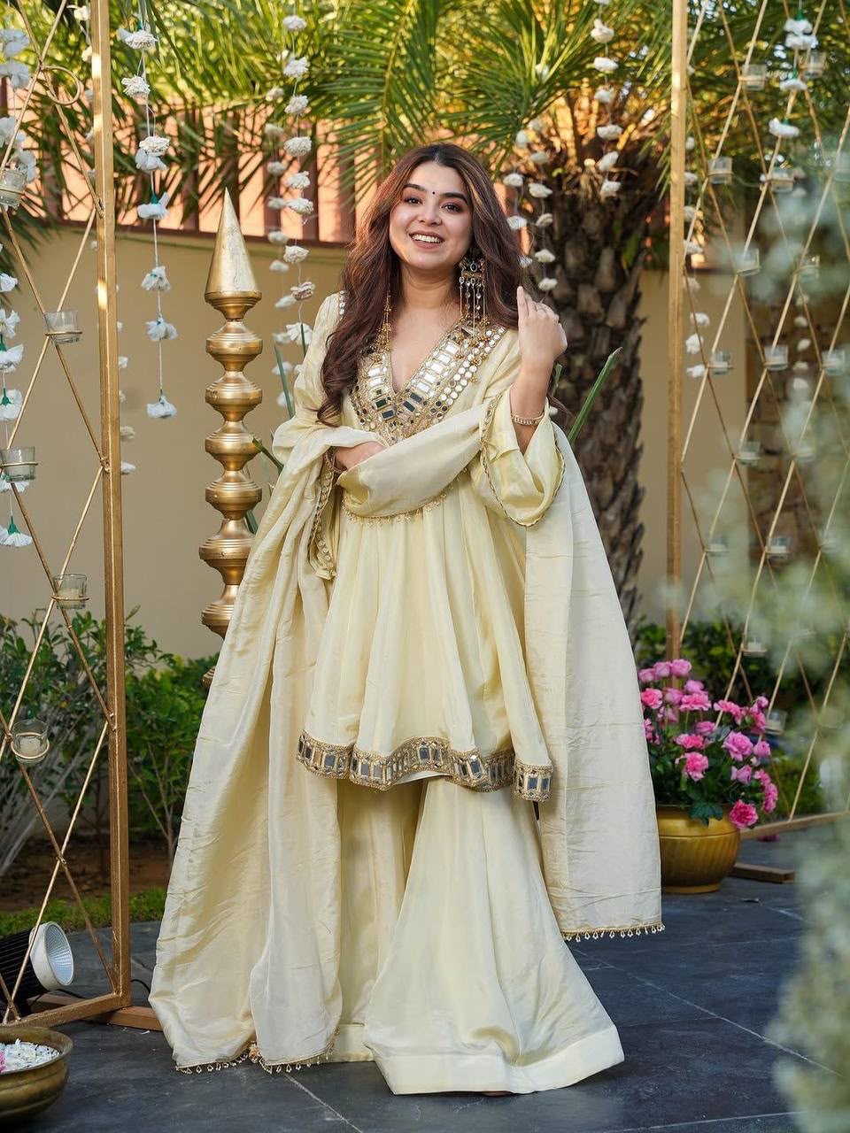 Ivory Yellow Mirror-Work Festive Sharara Suit