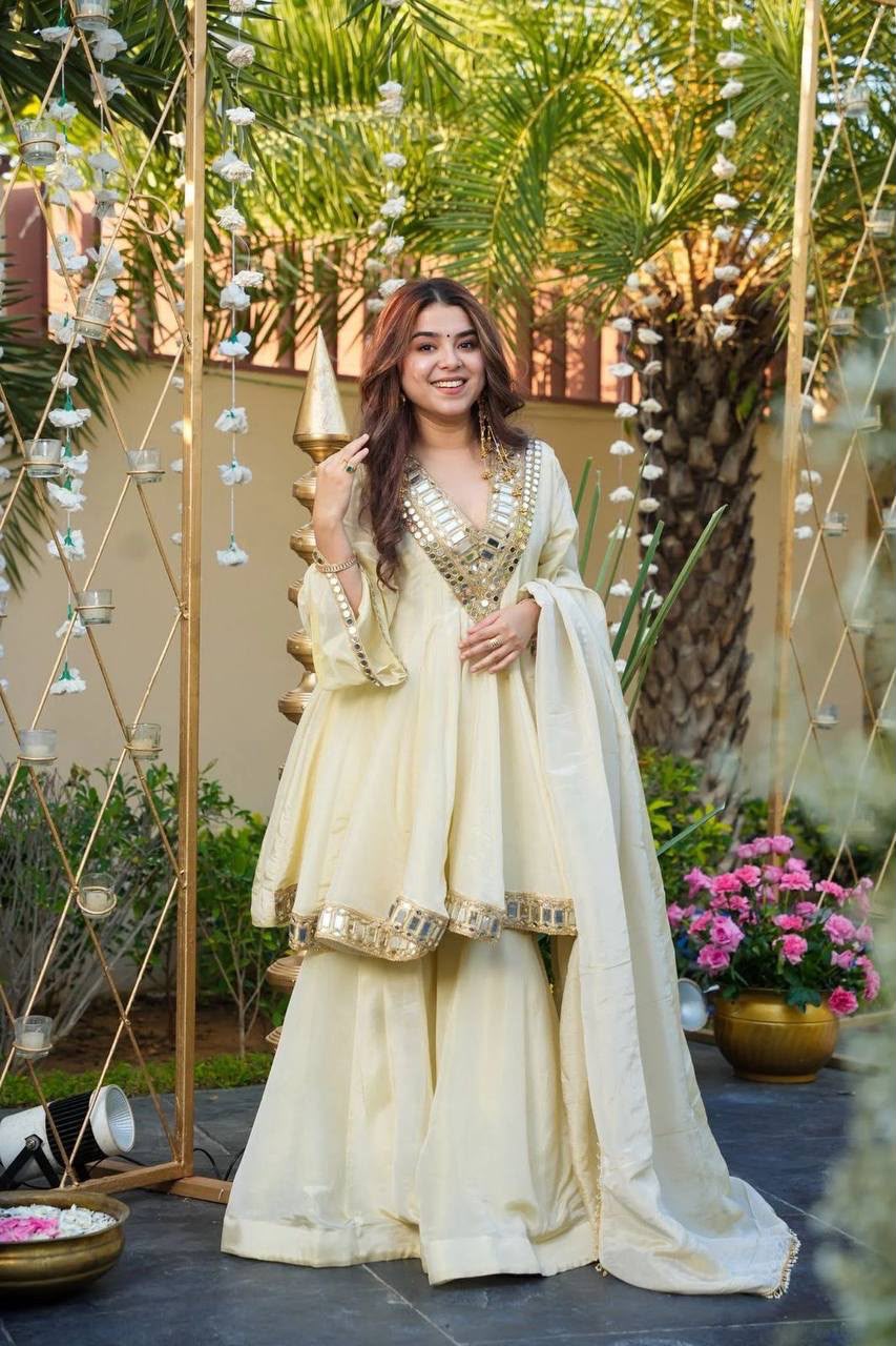 Ivory Yellow Mirror-Work Festive Sharara Suit