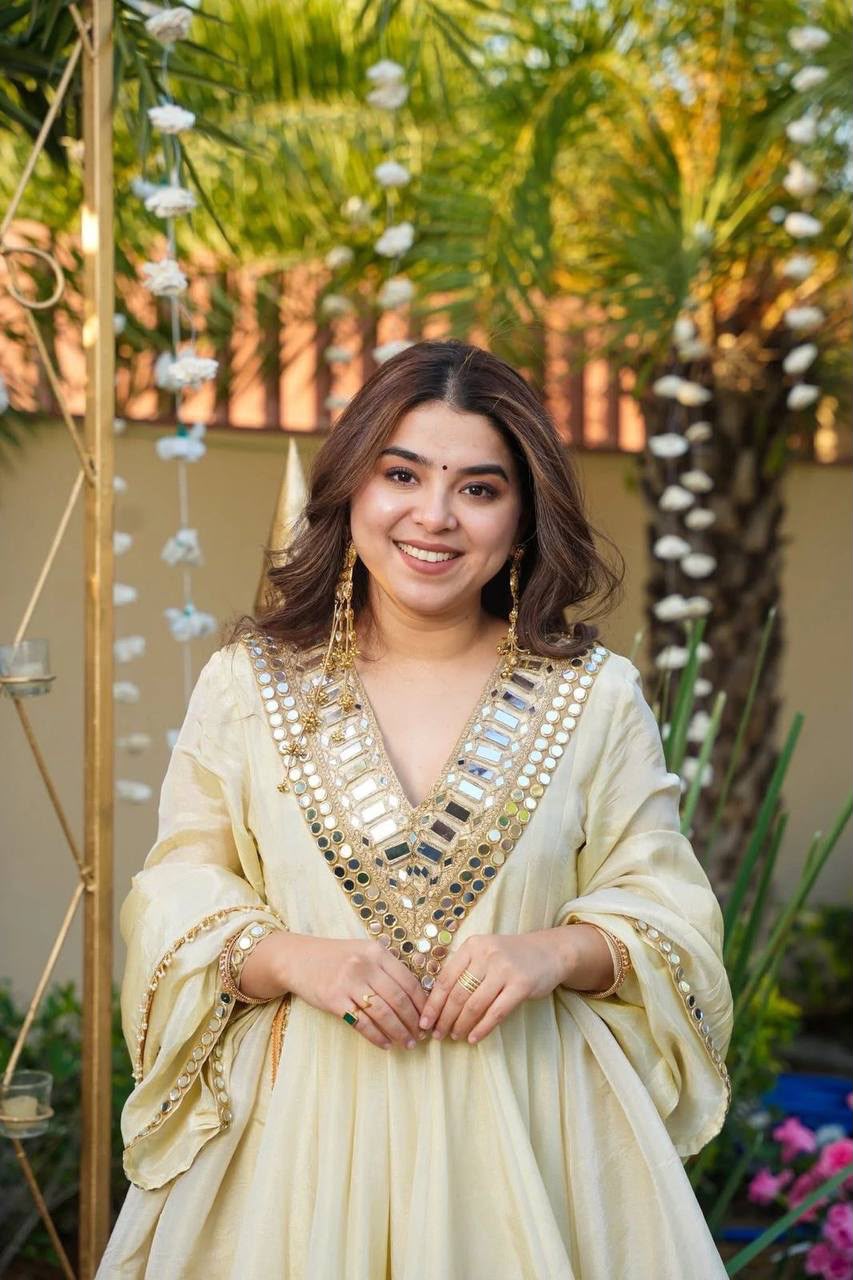 Ivory Yellow Mirror-Work Festive Sharara Suit