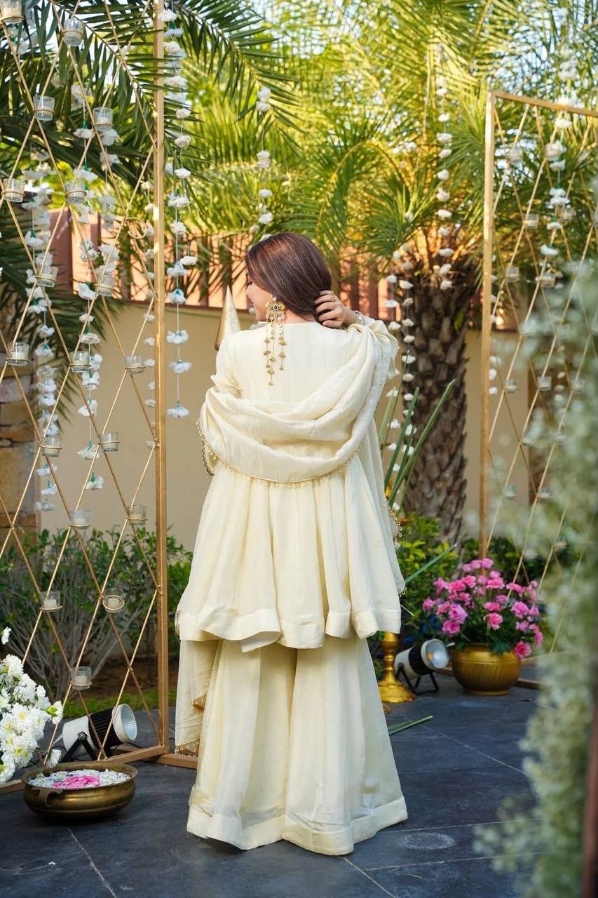 Ivory Yellow Mirror-Work Festive Sharara Suit