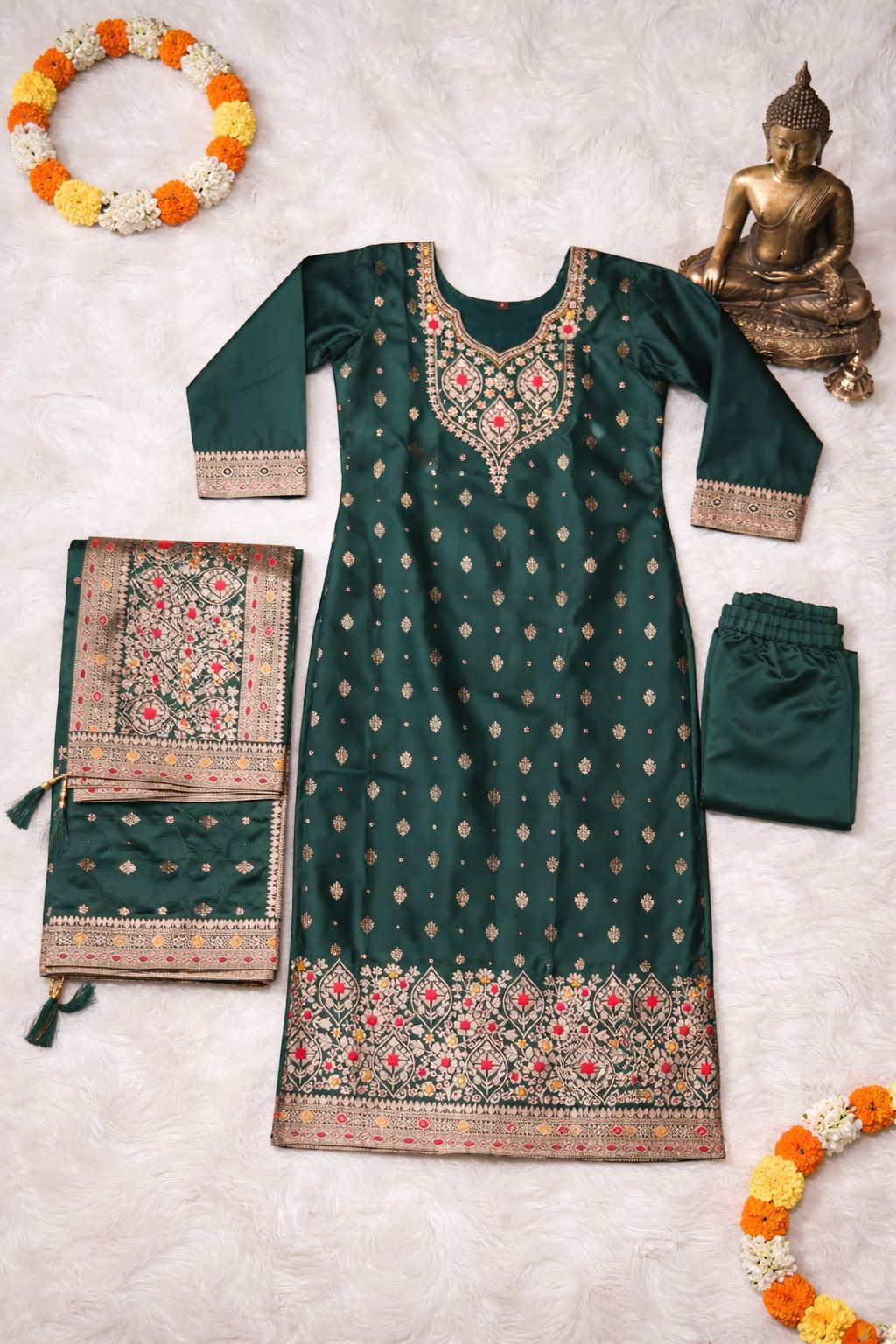 Elegant Emerald Green Silk Salwar Kameez Suit Set with Intricate Gold Zari Embroidery and Matching Banarasi Dupatta