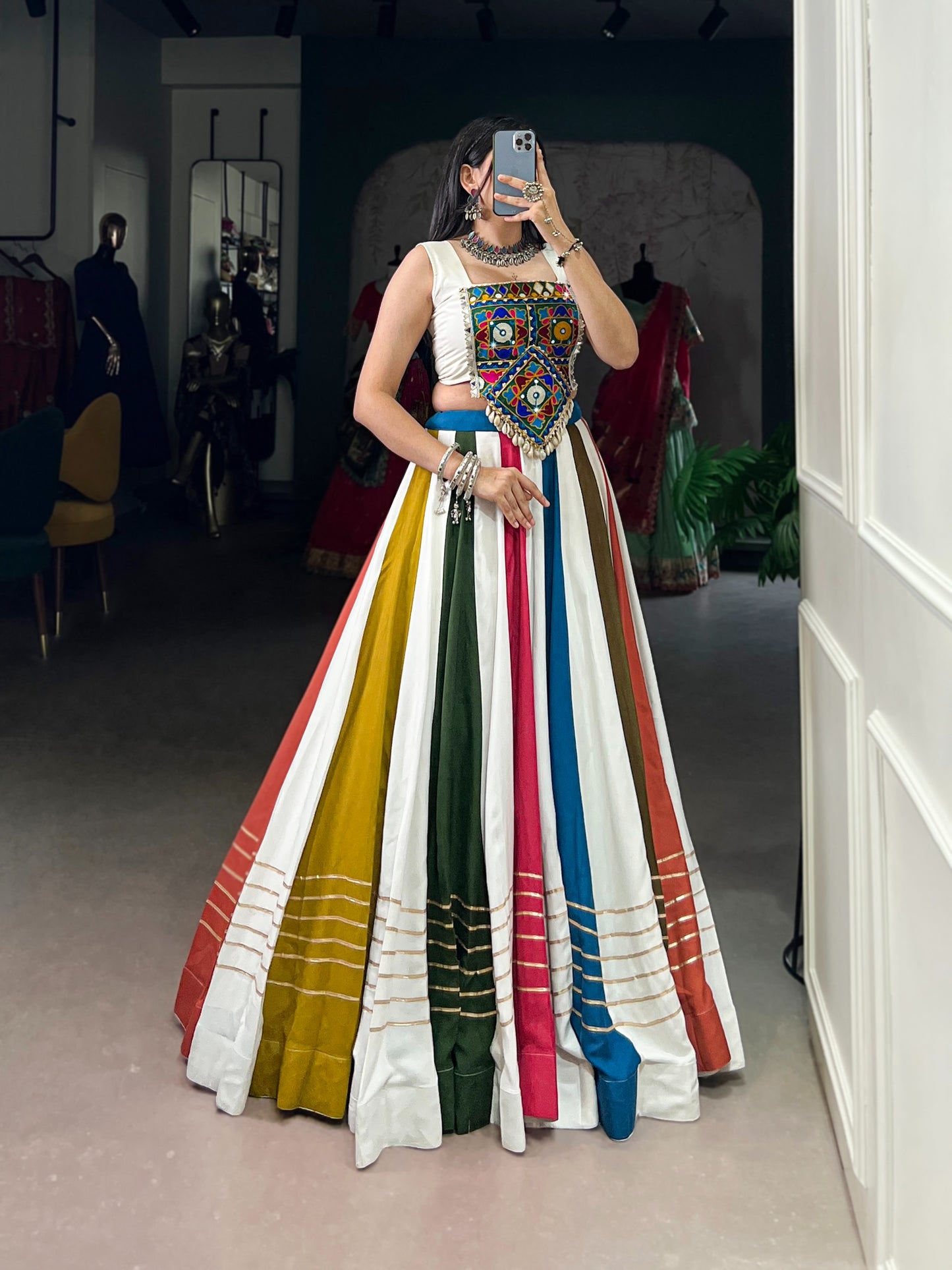Turn heads this season in our statement co-ord lehenga — where every stripe tells a story of style and tradition. 🌺