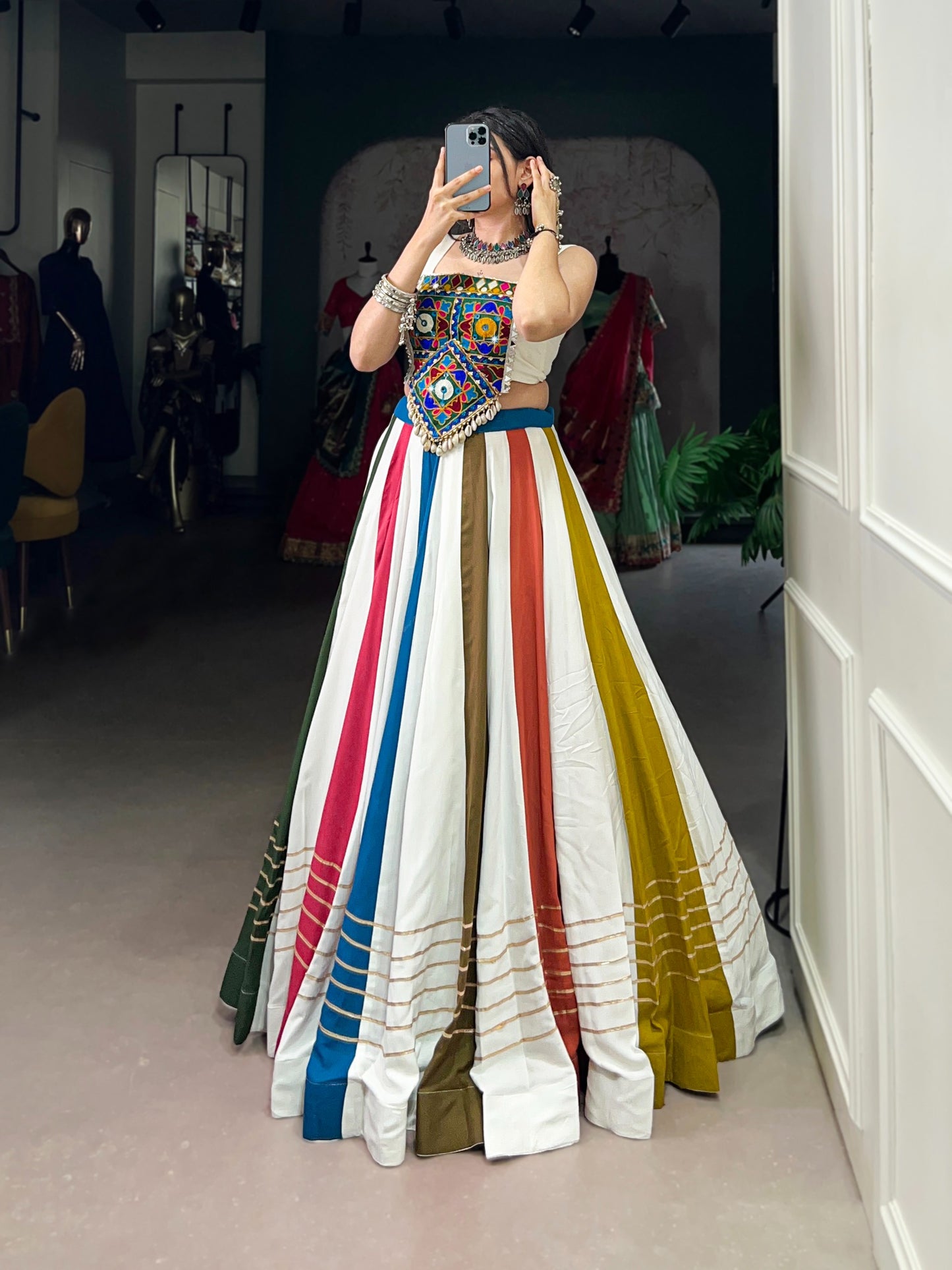 Turn heads this season in our statement co-ord lehenga — where every stripe tells a story of style and tradition. 🌺