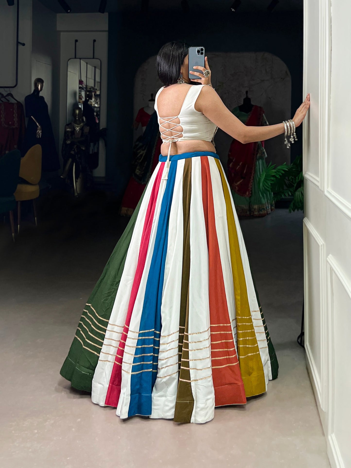 Turn heads this season in our statement co-ord lehenga — where every stripe tells a story of style and tradition. 🌺