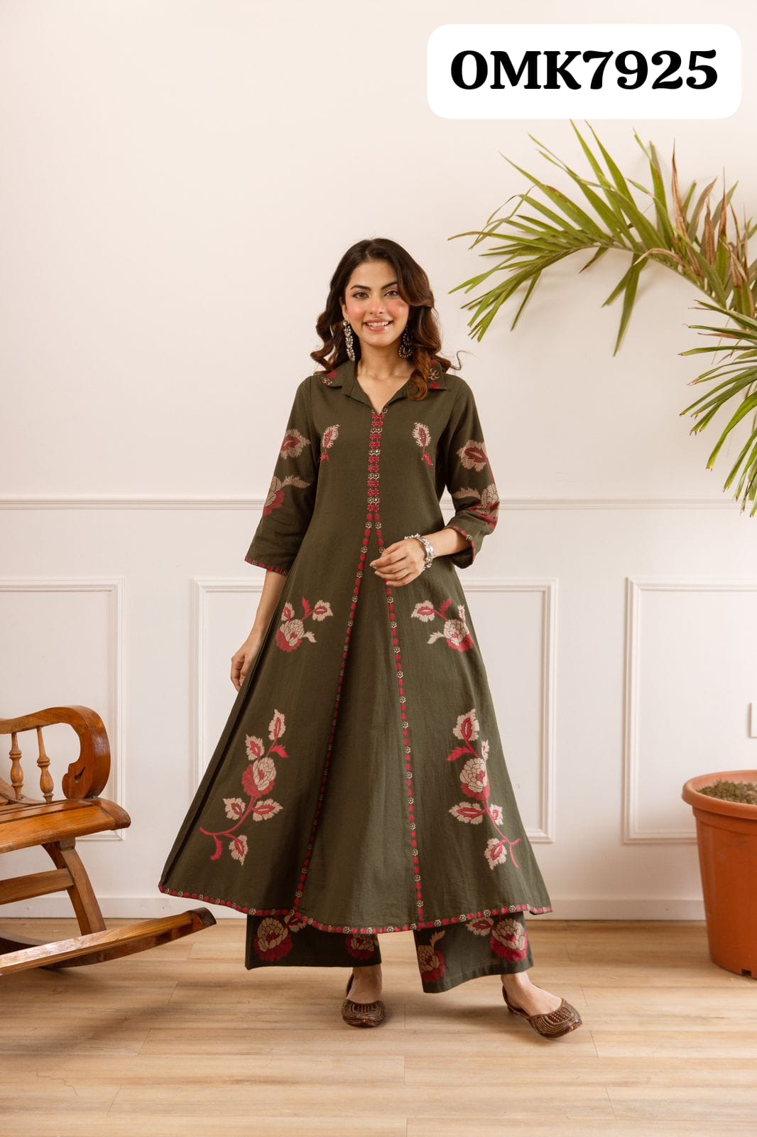 Beautiful Two Piece Digital Designer   Print German Rayon Co-ord Set With Work On Yoke With Inner Paired With Plain German Rayon Plazo Style Bottom