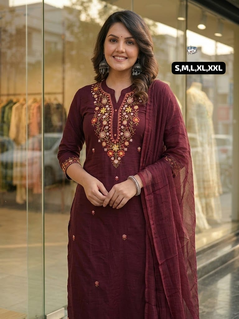 Premium Three-Piece Cotton Silk Kurta Set Collection with Rich Floral Neckline Embroidery, Matching Trousers, and Sheer Dupatta in Wine Maroon, Royal Violet, and Deep Plum