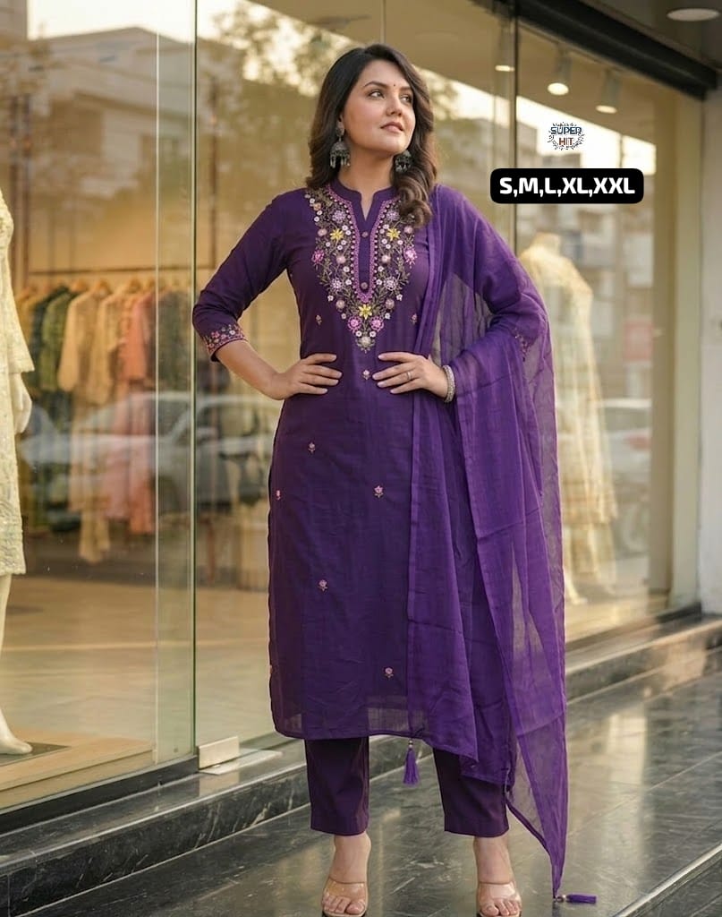 Premium Three-Piece Cotton Silk Kurta Set Collection with Rich Floral Neckline Embroidery, Matching Trousers, and Sheer Dupatta in Wine Maroon, Royal Violet, and Deep Plum