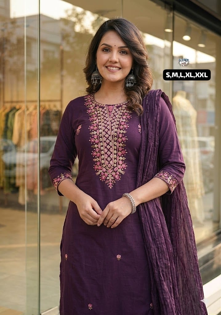 Premium Three-Piece Cotton Silk Kurta Set Collection with Rich Floral Neckline Embroidery, Matching Trousers, and Sheer Dupatta in Wine Maroon, Royal Violet, and Deep Plum