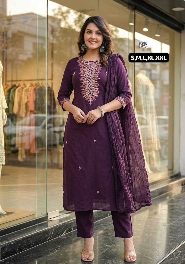 Premium Three-Piece Cotton Silk Kurta Set Collection with Rich Floral Neckline Embroidery, Matching Trousers, and Sheer Dupatta in Wine Maroon, Royal Violet, and Deep Plum