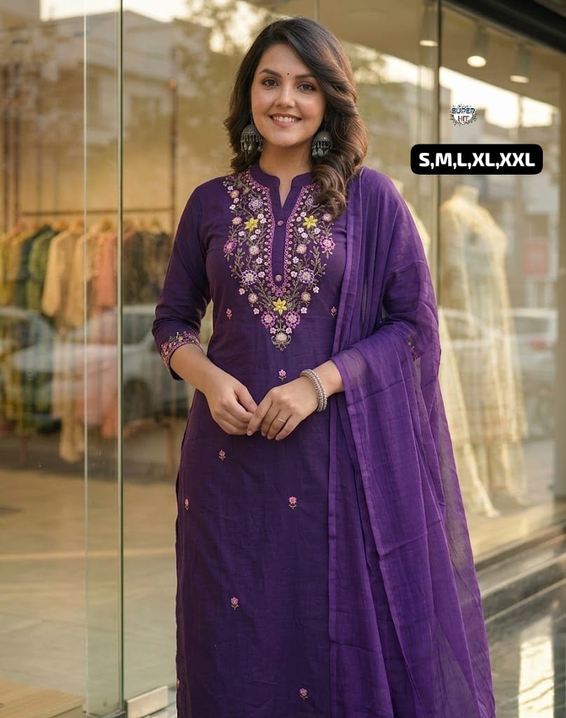 Premium Three-Piece Cotton Silk Kurta Set Collection with Rich Floral Neckline Embroidery, Matching Trousers, and Sheer Dupatta in Wine Maroon, Royal Violet, and Deep Plum