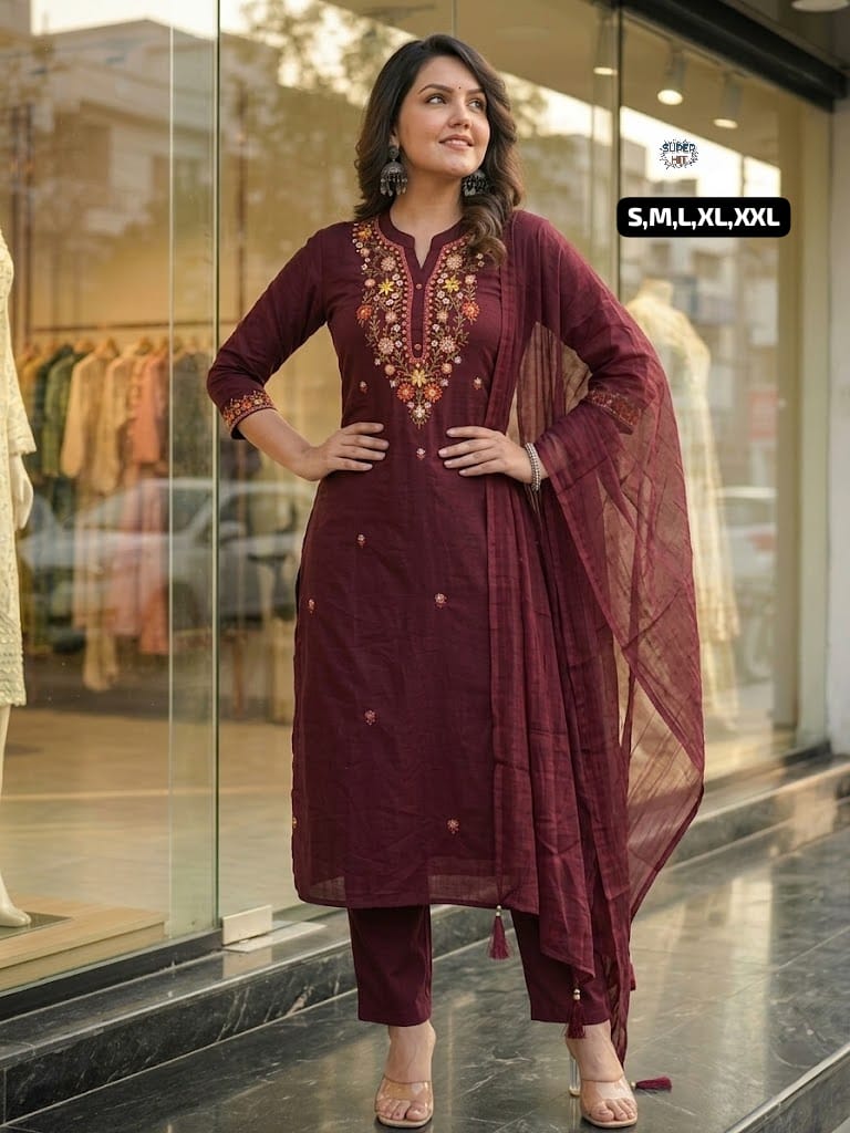 Premium Three-Piece Cotton Silk Kurta Set Collection with Rich Floral Neckline Embroidery, Matching Trousers, and Sheer Dupatta in Wine Maroon, Royal Violet, and Deep Plum