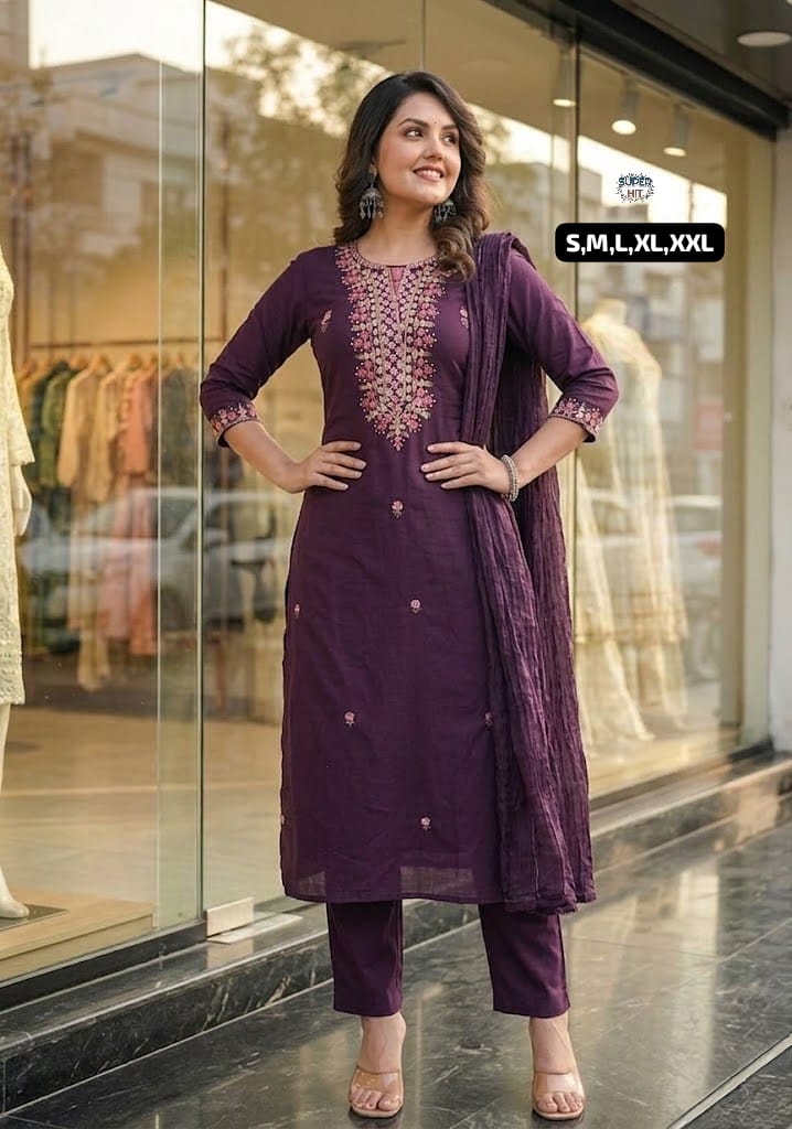 Premium Three-Piece Cotton Silk Kurta Set Collection with Rich Floral Neckline Embroidery, Matching Trousers, and Sheer Dupatta in Wine Maroon, Royal Violet, and Deep Plum