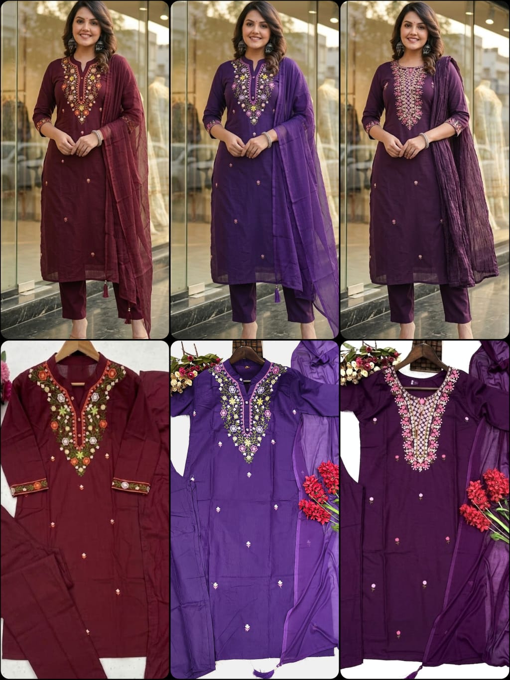 Premium Three-Piece Cotton Silk Kurta Set Collection with Rich Floral Neckline Embroidery, Matching Trousers, and Sheer Dupatta in Wine Maroon, Royal Violet, and Deep Plum