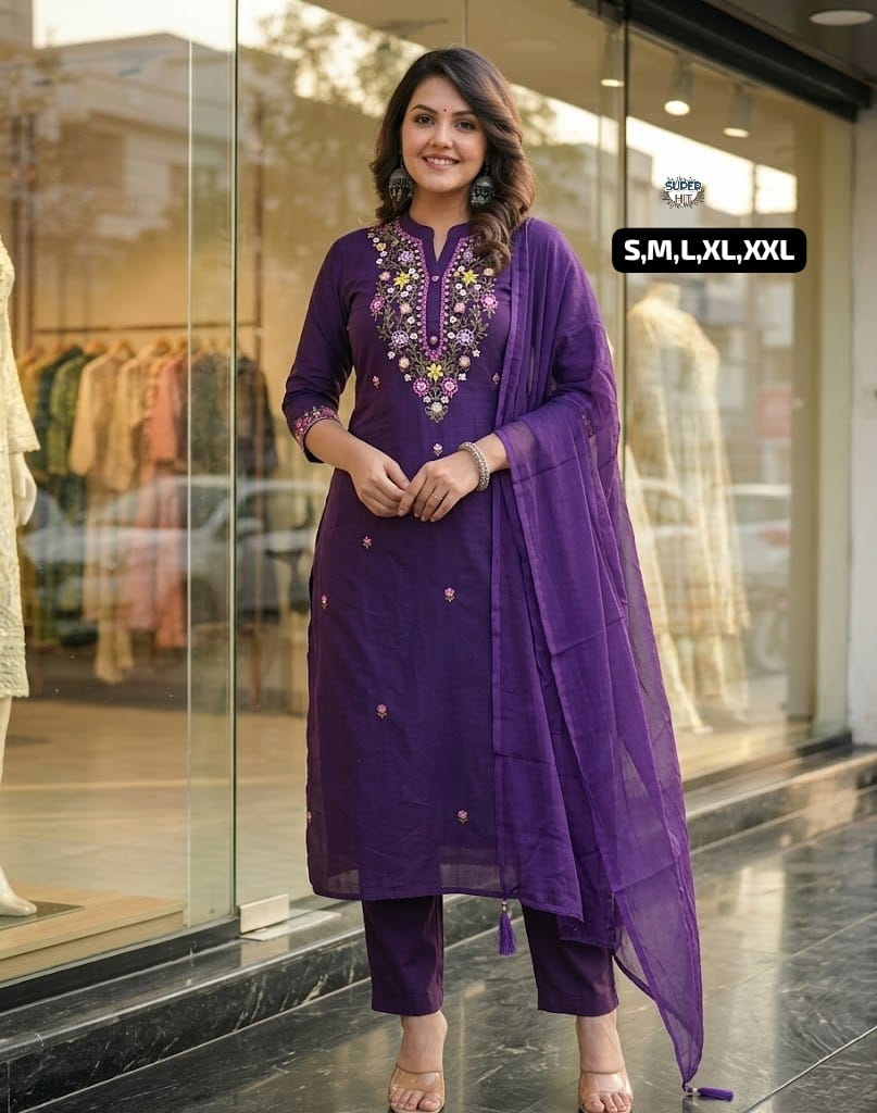 Premium Three-Piece Cotton Silk Kurta Set Collection with Rich Floral Neckline Embroidery, Matching Trousers, and Sheer Dupatta in Wine Maroon, Royal Violet, and Deep Plum