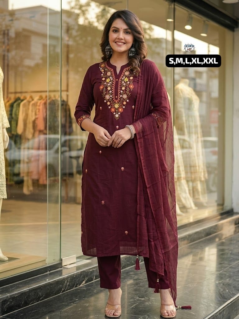 Premium Three-Piece Cotton Silk Kurta Set Collection with Rich Floral Neckline Embroidery, Matching Trousers, and Sheer Dupatta in Wine Maroon, Royal Violet, and Deep Plum