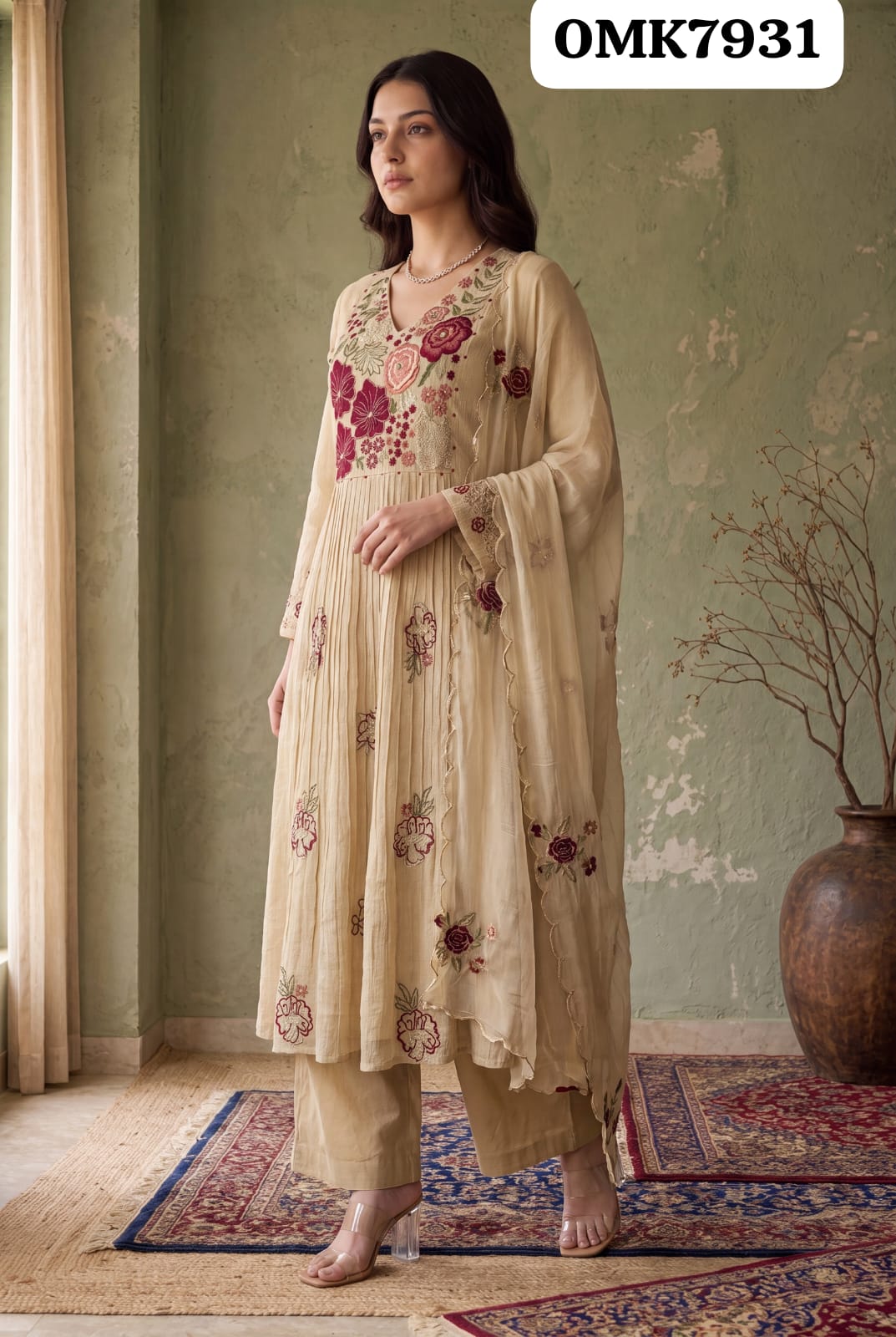 🕉️ Beautiful Three Piece Crush Cotton Kurti Set With Beautiful Neck Emb Work Paired With Pure Cotton Pant And Cotton Crush Emb Dupatta🕉️