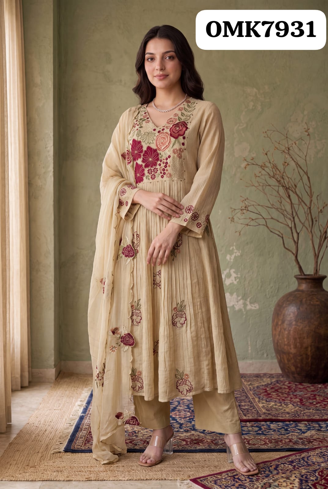 🕉️ Beautiful Three Piece Crush Cotton Kurti Set With Beautiful Neck Emb Work Paired With Pure Cotton Pant And Cotton Crush Emb Dupatta🕉️