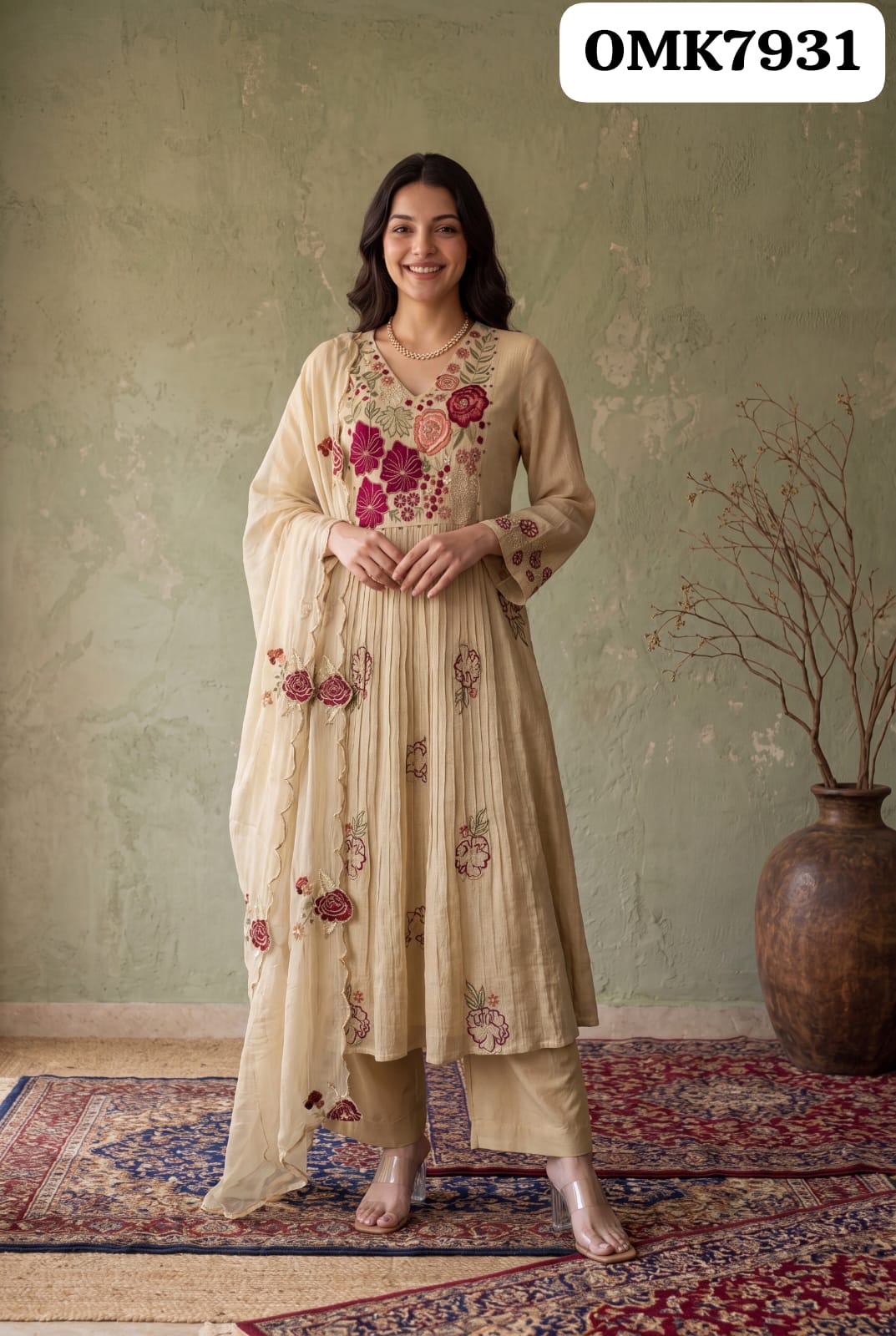 🕉️ Beautiful Three Piece Crush Cotton Kurti Set With Beautiful Neck Emb Work Paired With Pure Cotton Pant And Cotton Crush Emb Dupatta🕉️