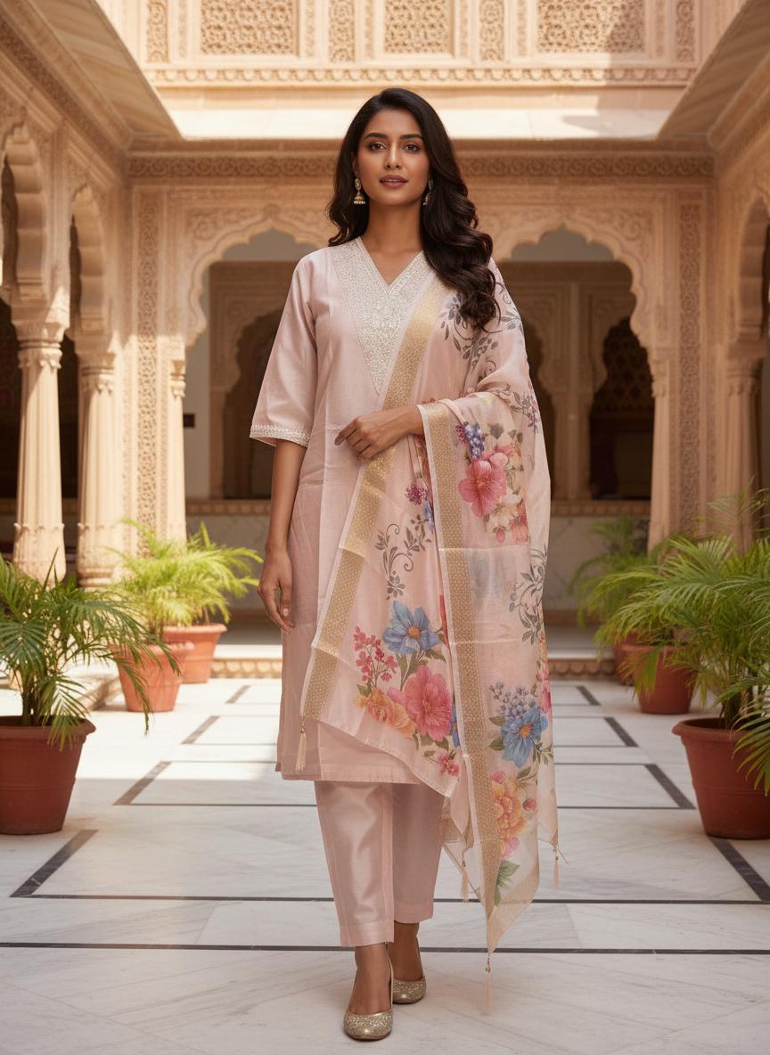 ✨ Premium Roman Silk Kurti Set with Organza Heavy Jacquard Digital Print Dupatta ✨