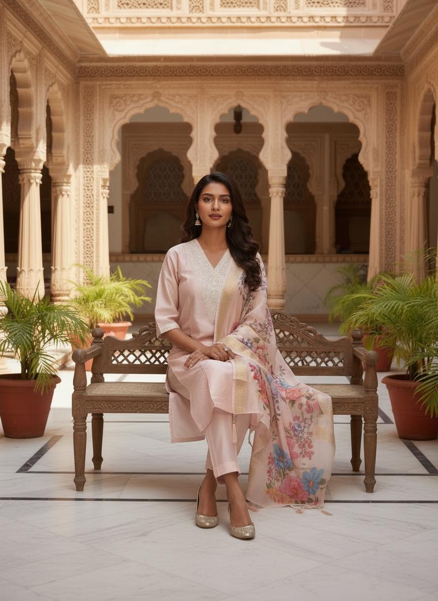 ✨ Premium Roman Silk Kurti Set with Organza Heavy Jacquard Digital Print Dupatta ✨