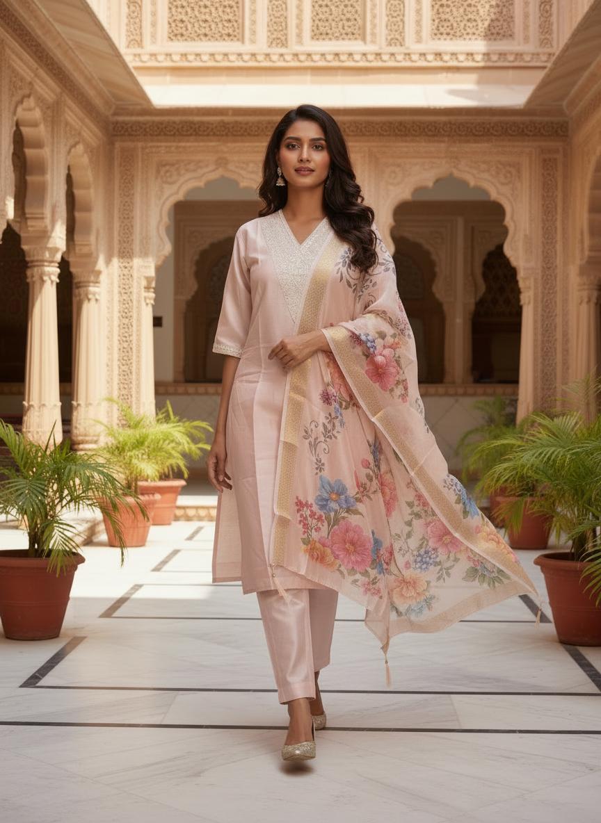 ✨ Premium Roman Silk Kurti Set with Organza Heavy Jacquard Digital Print Dupatta ✨