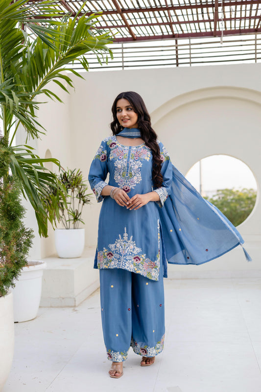Women's Kurti Palazzo Set in Assorted Colors Chinon Fabric with Cotton Embroidery and Zardosi Hand Work
