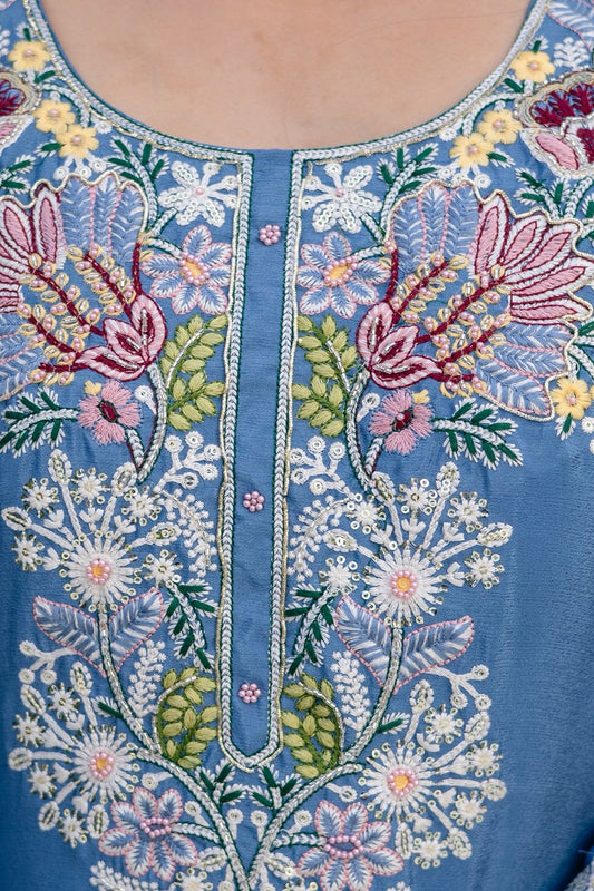 Women's Kurti Palazzo Set in Assorted Colors Chinon Fabric with Cotton Embroidery and Zardosi Hand Work