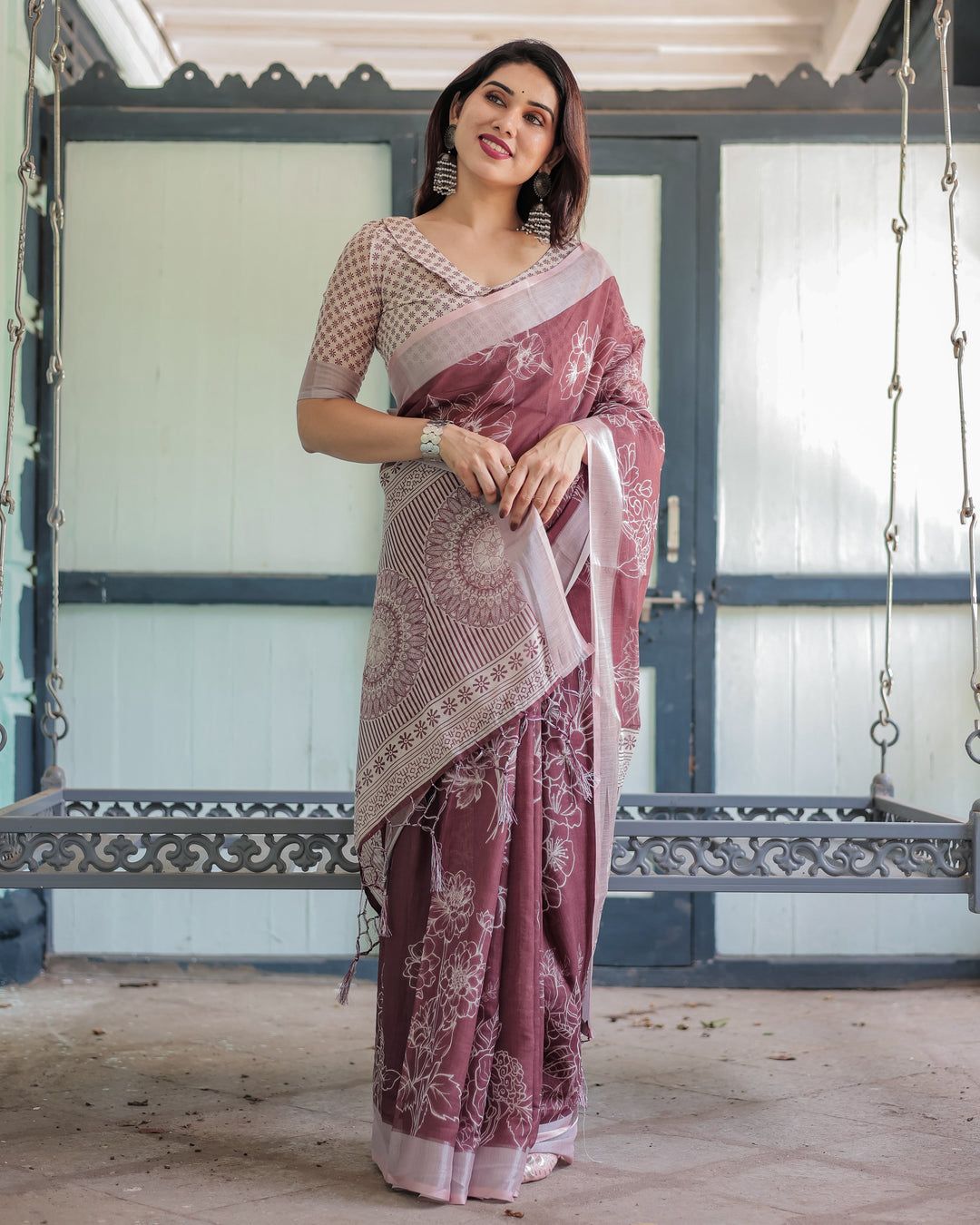 Charming Mauve Cotton Linen Saree with White Floral Line-Art Prints, Mandala Pallu Motifs, and a Geometric V-Neck Blouse