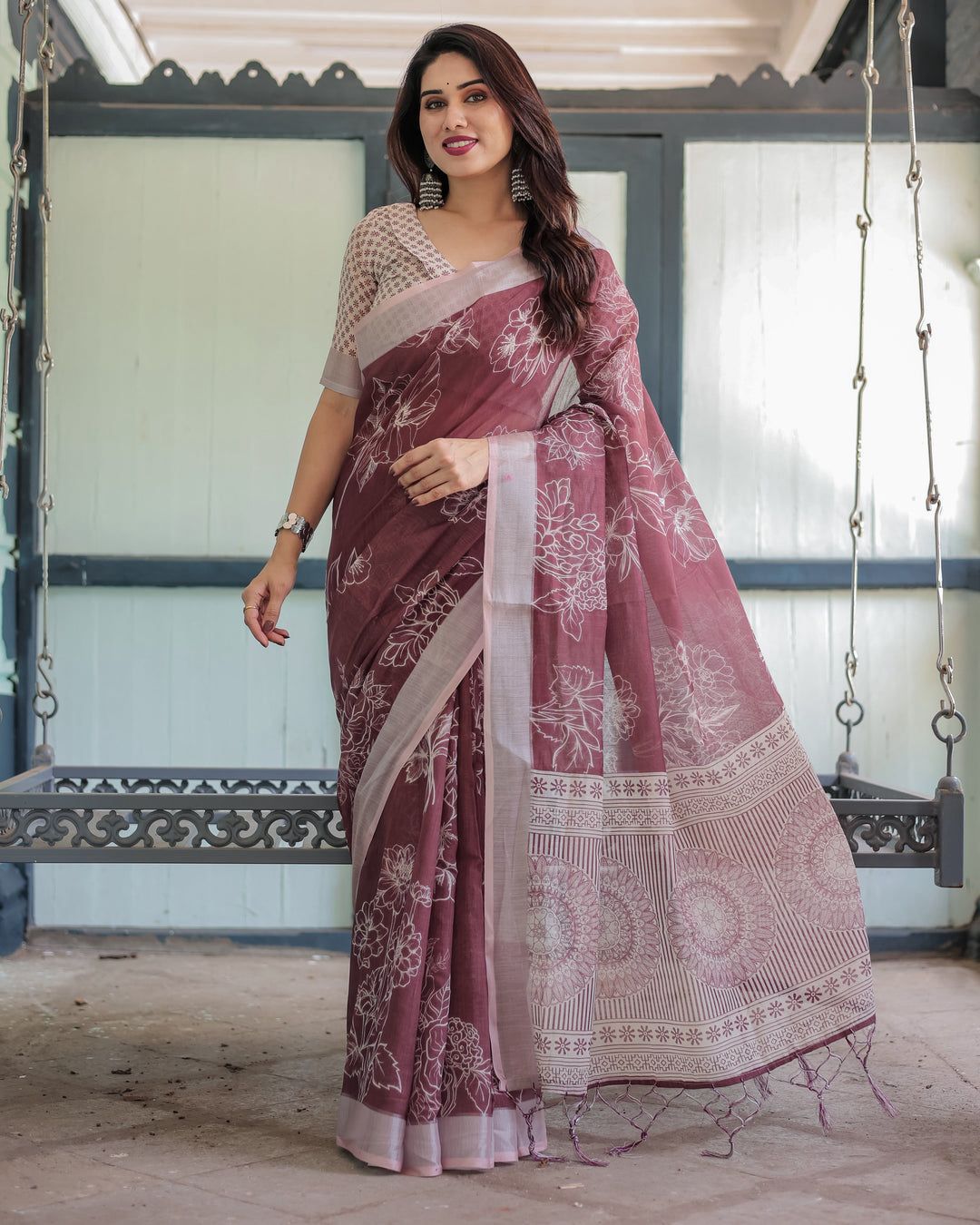 Charming Mauve Cotton Linen Saree with White Floral Line-Art Prints, Mandala Pallu Motifs, and a Geometric V-Neck Blouse