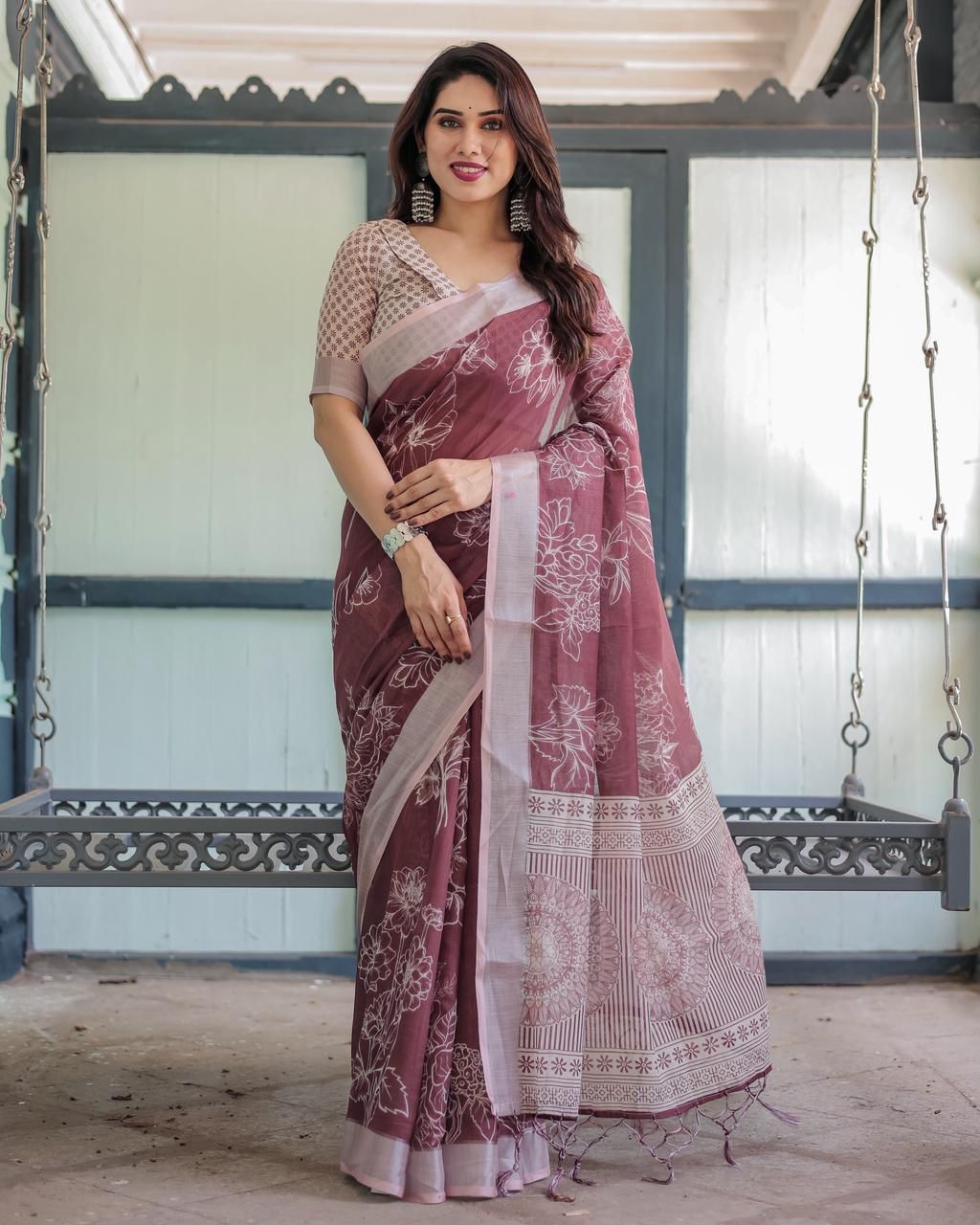 Charming Mauve Cotton Linen Saree with White Floral Line-Art Prints, Mandala Pallu Motifs, and a Geometric V-Neck Blouse