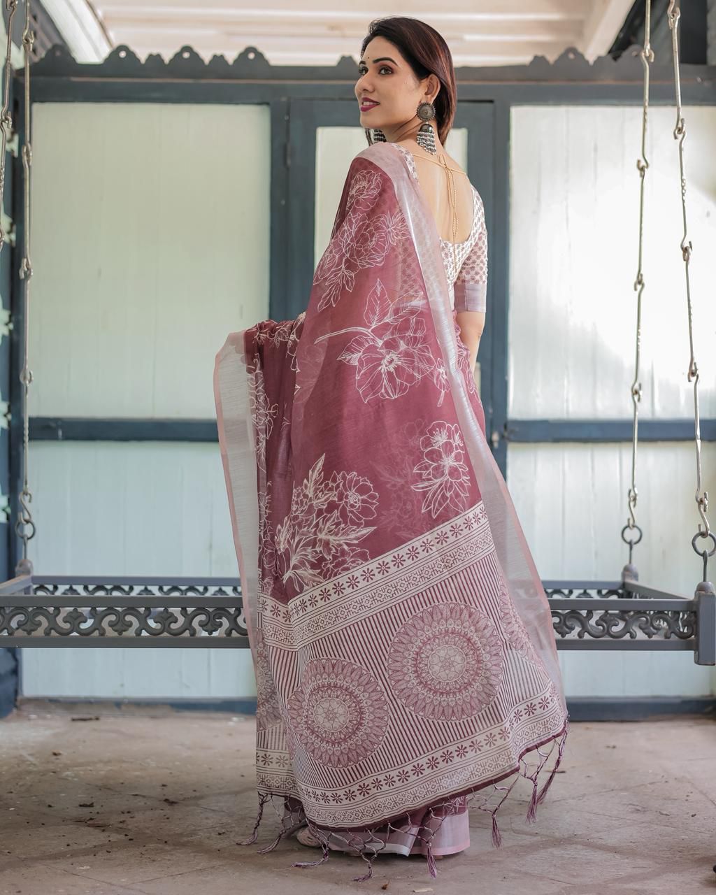 Charming Mauve Cotton Linen Saree with White Floral Line-Art Prints, Mandala Pallu Motifs, and a Geometric V-Neck Blouse