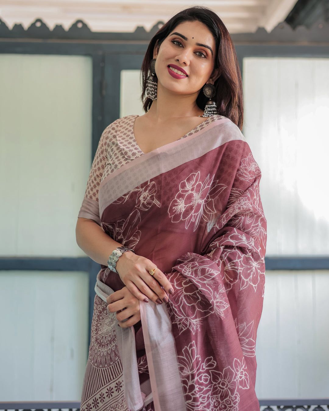 Charming Mauve Cotton Linen Saree with White Floral Line-Art Prints, Mandala Pallu Motifs, and a Geometric V-Neck Blouse