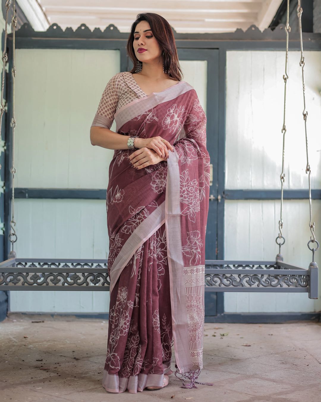 Charming Mauve Cotton Linen Saree with White Floral Line-Art Prints, Mandala Pallu Motifs, and a Geometric V-Neck Blouse