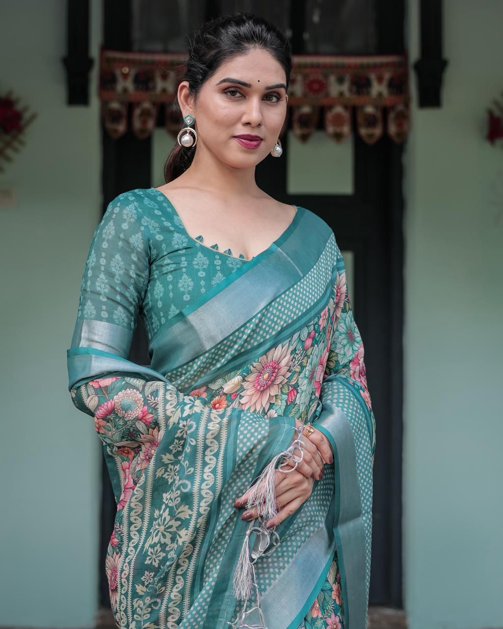 Ornate Teal Green Floral Digital Print Saree with Wide Silver Zari Border, Intricate Kalamkari-Style Pallu, and Matching Self-Weave Blouse