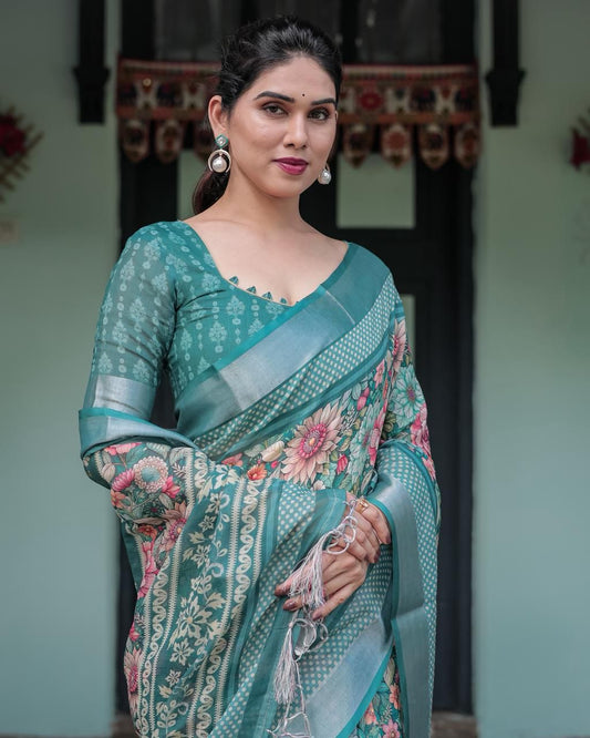 Ornate Teal Green Floral Digital Print Saree with Wide Silver Zari Border, Intricate Kalamkari-Style Pallu, and Matching Self-Weave Blouse