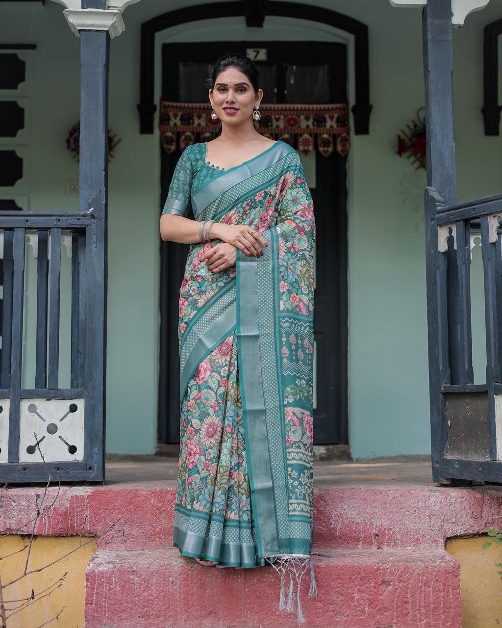 Ornate Teal Green Floral Digital Print Saree with Wide Silver Zari Border, Intricate Kalamkari-Style Pallu, and Matching Self-Weave Blouse