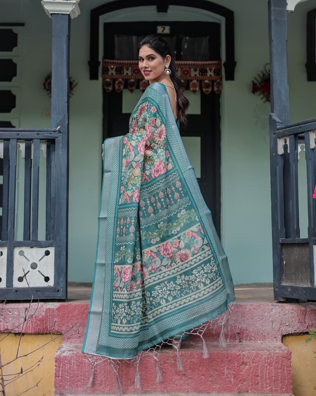 Ornate Teal Green Floral Digital Print Saree with Wide Silver Zari Border, Intricate Kalamkari-Style Pallu, and Matching Self-Weave Blouse