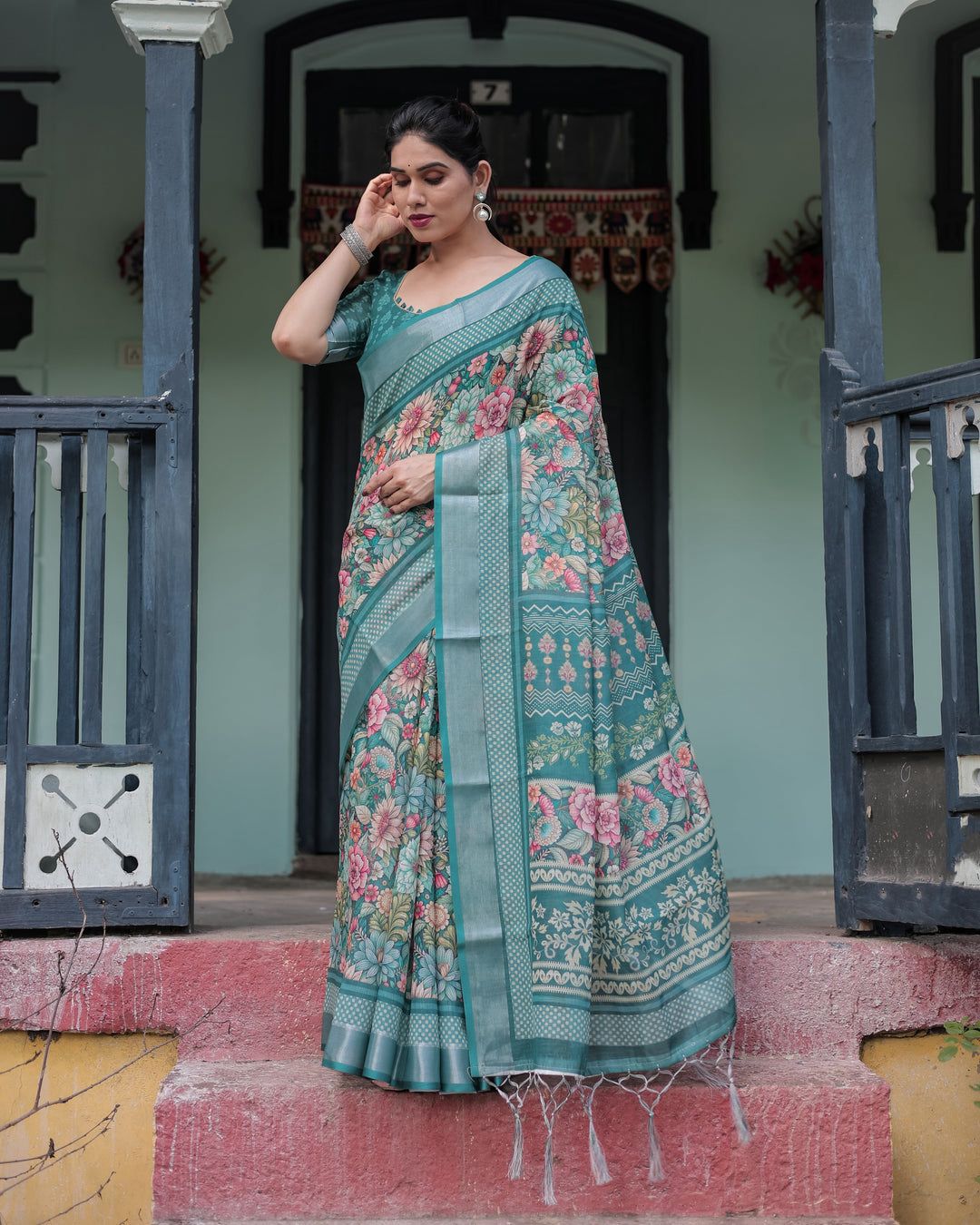 Ornate Teal Green Floral Digital Print Saree with Wide Silver Zari Border, Intricate Kalamkari-Style Pallu, and Matching Self-Weave Blouse
