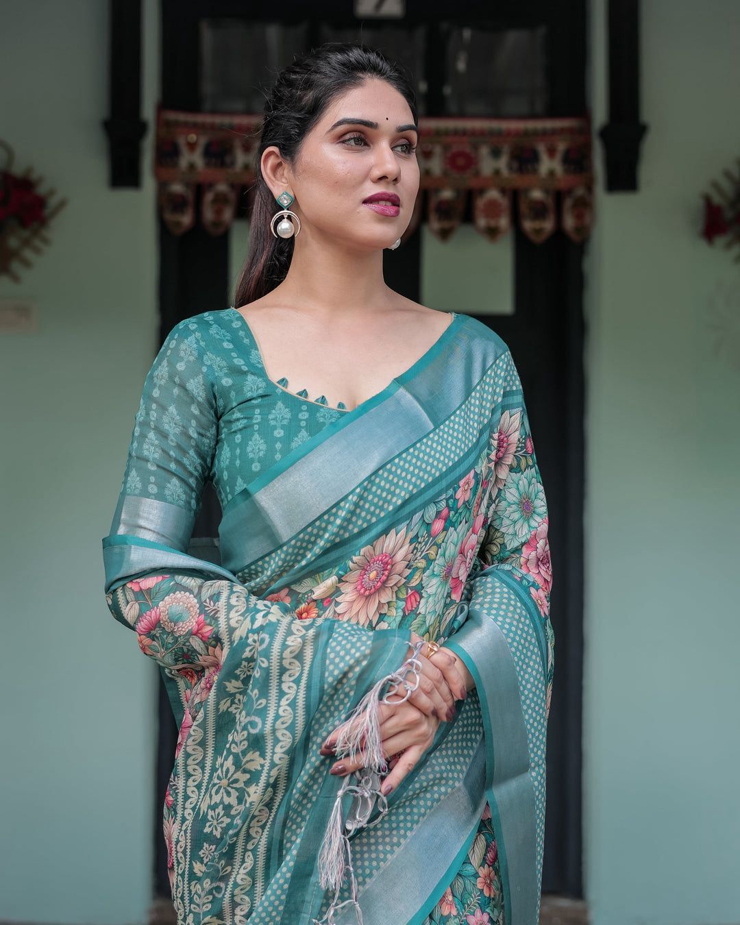 Ornate Teal Green Floral Digital Print Saree with Wide Silver Zari Border, Intricate Kalamkari-Style Pallu, and Matching Self-Weave Blouse