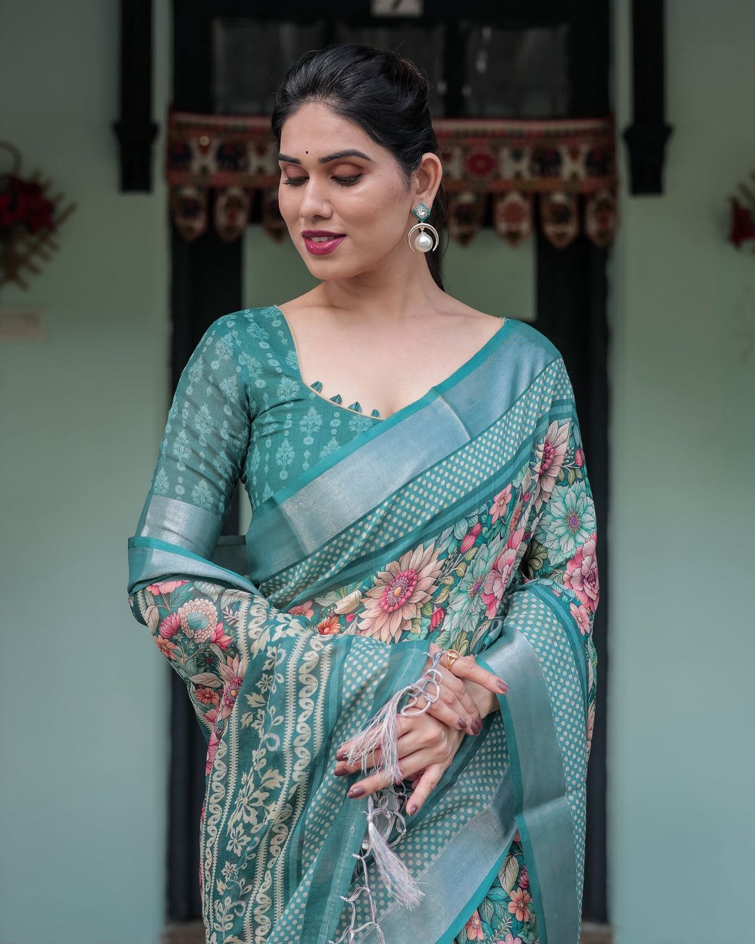 Ornate Teal Green Floral Digital Print Saree with Wide Silver Zari Border, Intricate Kalamkari-Style Pallu, and Matching Self-Weave Blouse