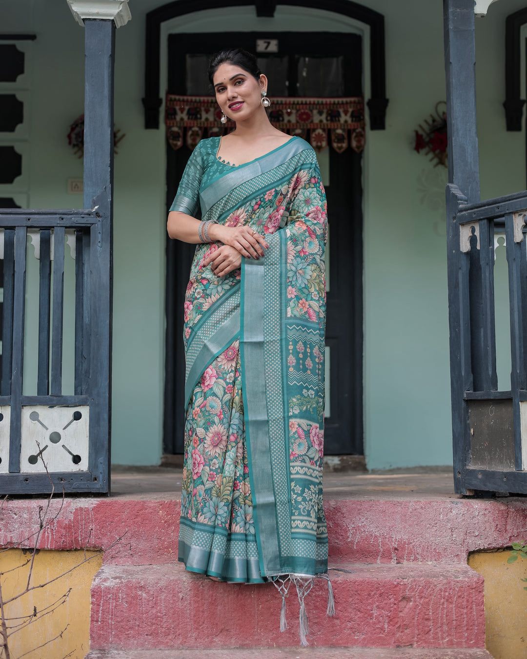 Ornate Teal Green Floral Digital Print Saree with Wide Silver Zari Border, Intricate Kalamkari-Style Pallu, and Matching Self-Weave Blouse