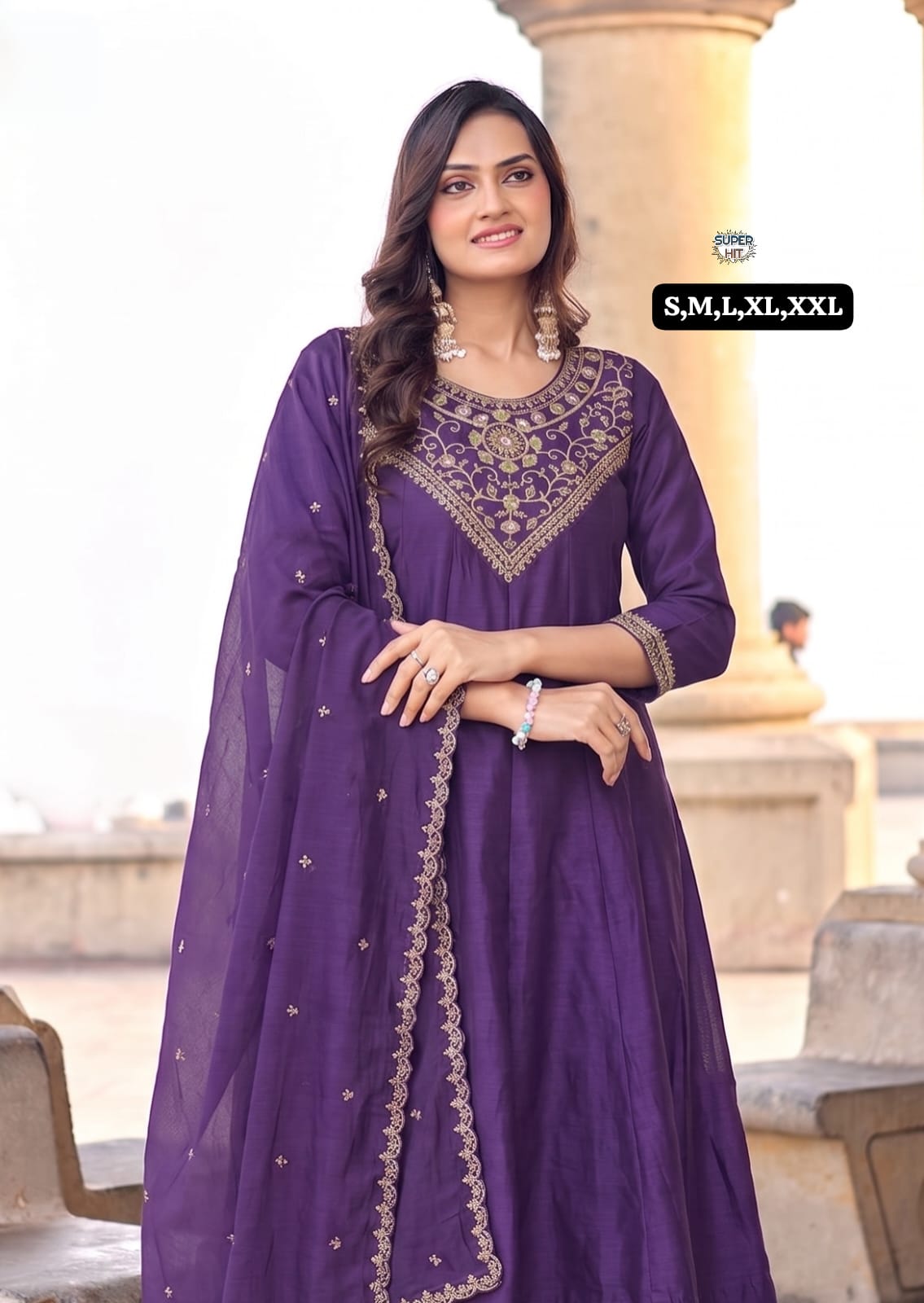 Premium Silk Flared Anarkali Kurta Set with Intricate Gold Zari Neckline Embroidery, Matching Straight Pants, and Sheer Dupatta in Royal Purple and Mustard Gold
