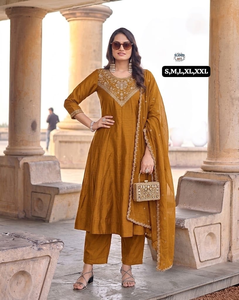 Premium Silk Flared Anarkali Kurta Set with Intricate Gold Zari Neckline Embroidery, Matching Straight Pants, and Sheer Dupatta in Royal Purple and Mustard Gold