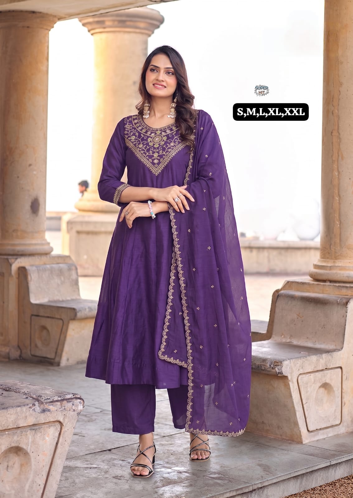 Premium Silk Flared Anarkali Kurta Set with Intricate Gold Zari Neckline Embroidery, Matching Straight Pants, and Sheer Dupatta in Royal Purple and Mustard Gold