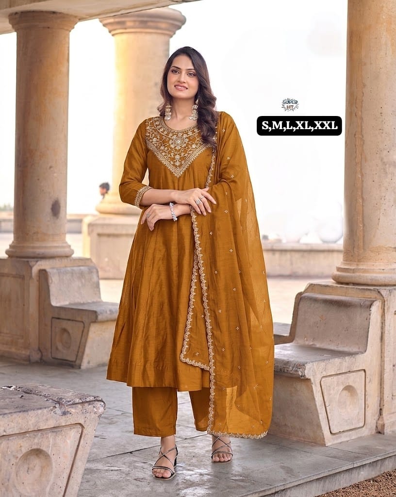 Premium Silk Flared Anarkali Kurta Set with Intricate Gold Zari Neckline Embroidery, Matching Straight Pants, and Sheer Dupatta in Royal Purple and Mustard Gold