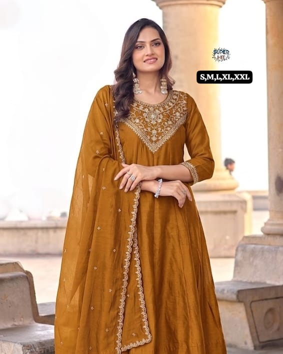 Premium Silk Flared Anarkali Kurta Set with Intricate Gold Zari Neckline Embroidery, Matching Straight Pants, and Sheer Dupatta in Royal Purple and Mustard Gold